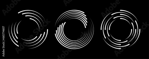 Set of speed lines in circle form. Radial speed Lines in Circle Form for comic books. Technology round Logo. Black thick halftone dotted speed lines.