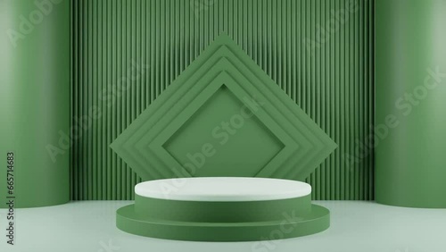 Podium with a bright glowing blinking light. Futuristic showcase with platform for product displaying. Empty stage with light. Geometric shapes composition. 3d animation loop