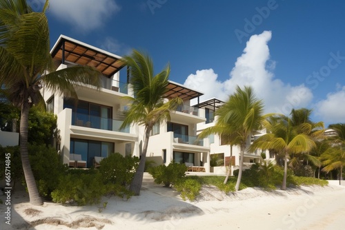 Upscale beachfront villas surrounded by palm trees and turquoise waters. Generative AI © Kato