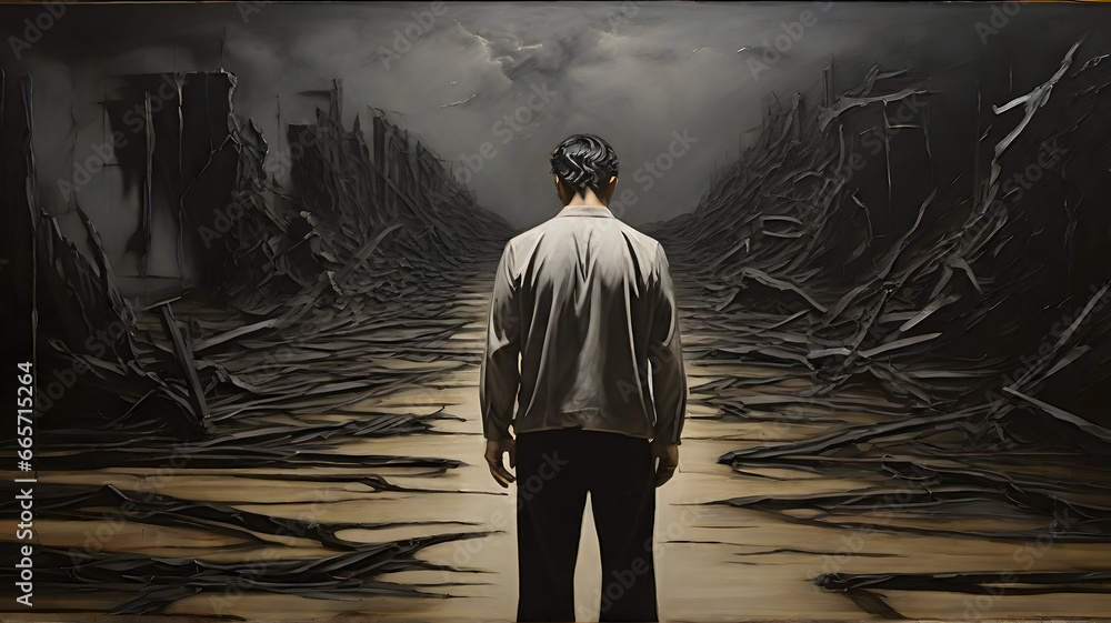 Obraz premium Judgment, the pivotal moment of decision and consequence, a man anxiously stands at the crossroads of his fate.