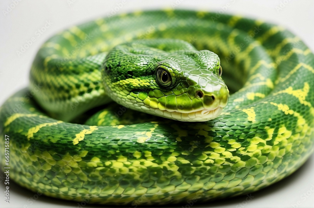 Close-up of a coiled green and yellow snake. Close-up of a coiled green and yellow snake.