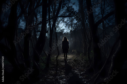 A woman, her silhouette etched against the eerie, moonlit canvas of a dark forest, moves with a mesmerizing blend of grace and trepidation through the inky shadows of the night