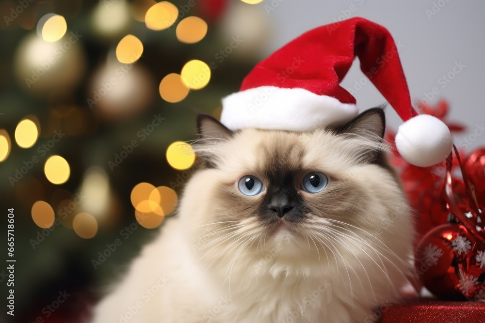 Birman cat wearing santa hat with christmas tree bokeh background, Cute Xmas pet photos for cat parents, 2023 holiday greeting celebration illustration Birman cat wearing santa hat with christmas tree bokeh background, Cute Xmas pet photos for cat parents, 2023 holiday greeting celebration illustration