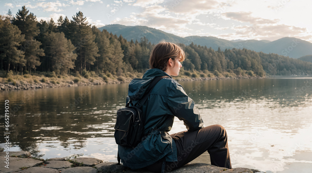 A man in a picturesque area among forests and mountains sits on the shore of a lake with his feet in the water. Generative AI