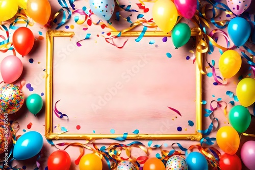 frame with balloons and confetti