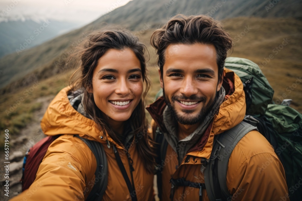 Couple of hiker taking selfie during trekking on the mountain. Couple of hiker taking selfie during trekking on the mountain.