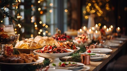 Christmas dinner table full of dishes with food and snacks, New Year's decor with a Christmas tree in the background. Buffet or catering concept.