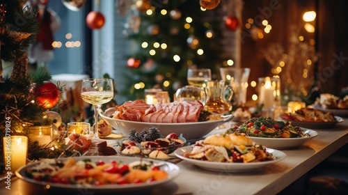 Christmas dinner table full of dishes with food and snacks, New Year's decor with a Christmas tree in the background. Buffet or catering concept. © Marynkka_muis