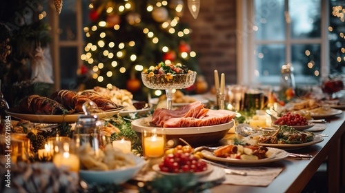 Christmas dinner table full of dishes with food and snacks, New Year's decor with a Christmas tree in the background. Buffet or catering concept.