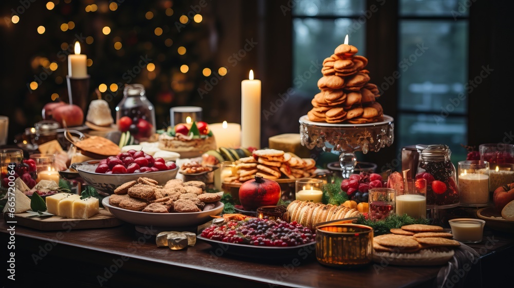 Fototapeta premium Christmas dinner table full of dishes with food and snacks, New Year's decor with a Christmas tree in the background. Buffet or catering concept.