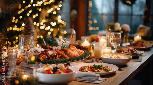 Christmas dinner table full of dishes with food and snacks, New Year's decor with a Christmas tree in the background. Buffet or catering concept.