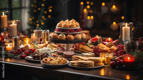 Wallpaper Mural Christmas dinner table full of dishes with food and snacks, New Year's decor with a Christmas tree in the background. Buffet or catering concept. Torontodigital.ca