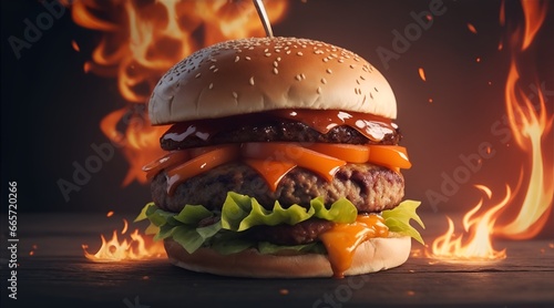 Delicious Burger with fire flames