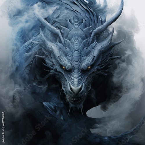 3d illustration of a dragon with smoke in the dark background. © MinMin