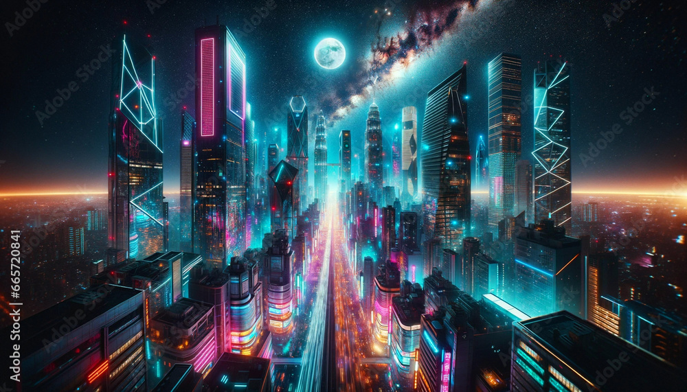 Obraz premium A futuristic cityscape at night, illuminated by vibrant neon lights in hues of pink, blue, and purple. The skyline is dominated by towering skyscrapers, some with geometric designs and 