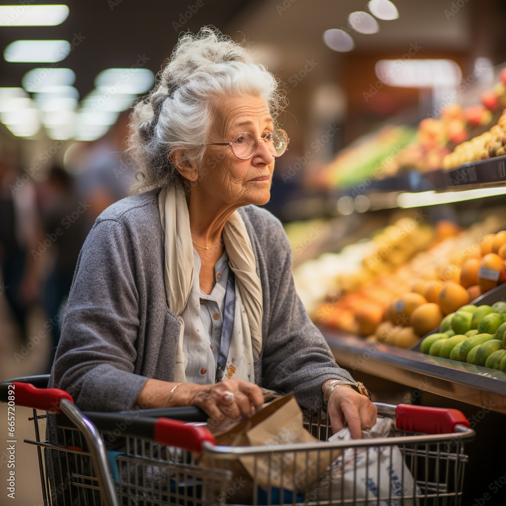 Shopping in the supermarket, old lady is worried about the high prices, AI generated