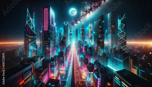 A futuristic cityscape at night, illuminated by vibrant neon lights in hues of pink, blue, and purple. The skyline is dominated by towering skyscrapers, some with geometric designs and 
