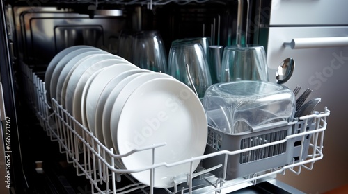 Dishes in open dishwasher after washing