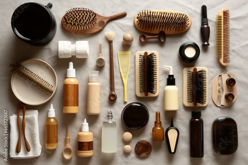 Overhead view of hair care and styling items. Generative AI
