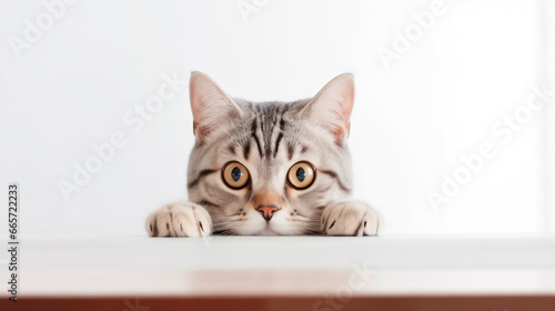 Cat peeking out from table with copy space isolated on white background. 