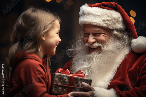 Happy and laughing santa claus giving a gift to a girl at christmas eve. Christmas marketing campaign or wallpaper background.