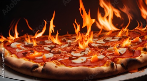 Delicious chicken pizza with fire flames on black background