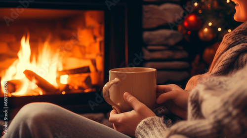 Close-up of a woman holding a cup of coffee against the background of a fireplace. Christmas holidays in winter and having a nice time with drinks at home