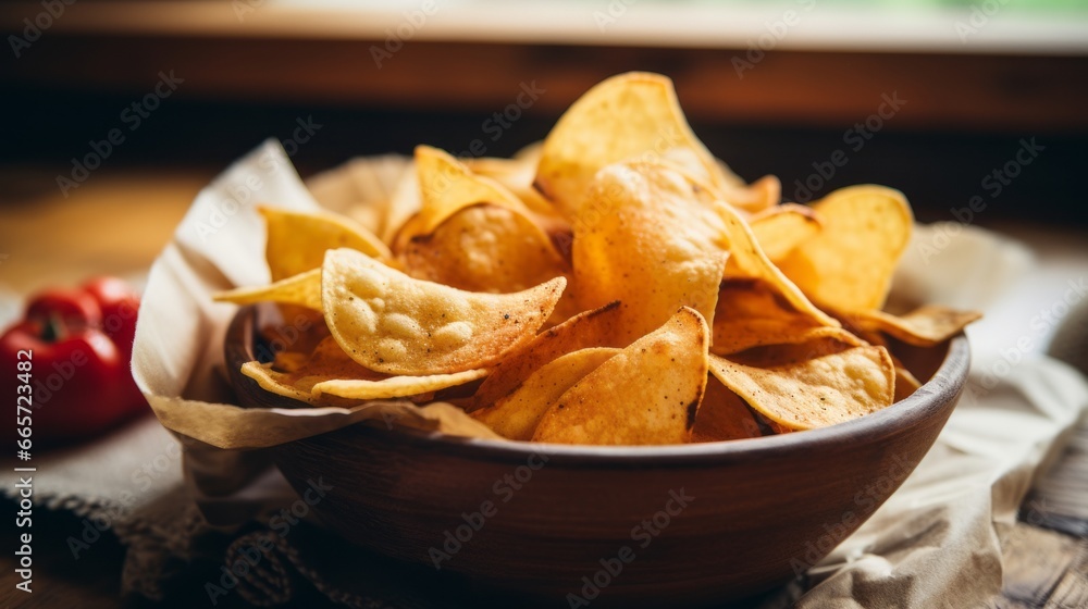 Crispy potato chips Homemade potato chips in wooden bowl Crispy potato chips Homemade potato chips in wooden bowl