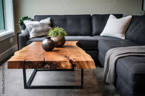Modern living room with black sofa, coffee table and plant in vase