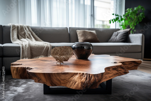 Interior of modern living room with wooden table, sofa and plant