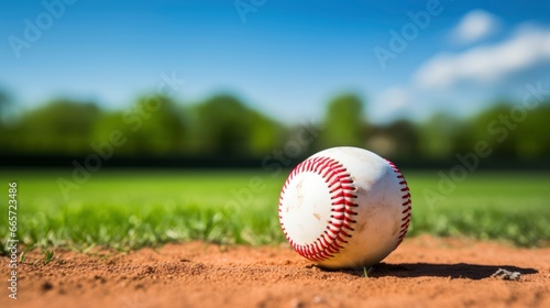 Baseball ball and bat on a game field stadium