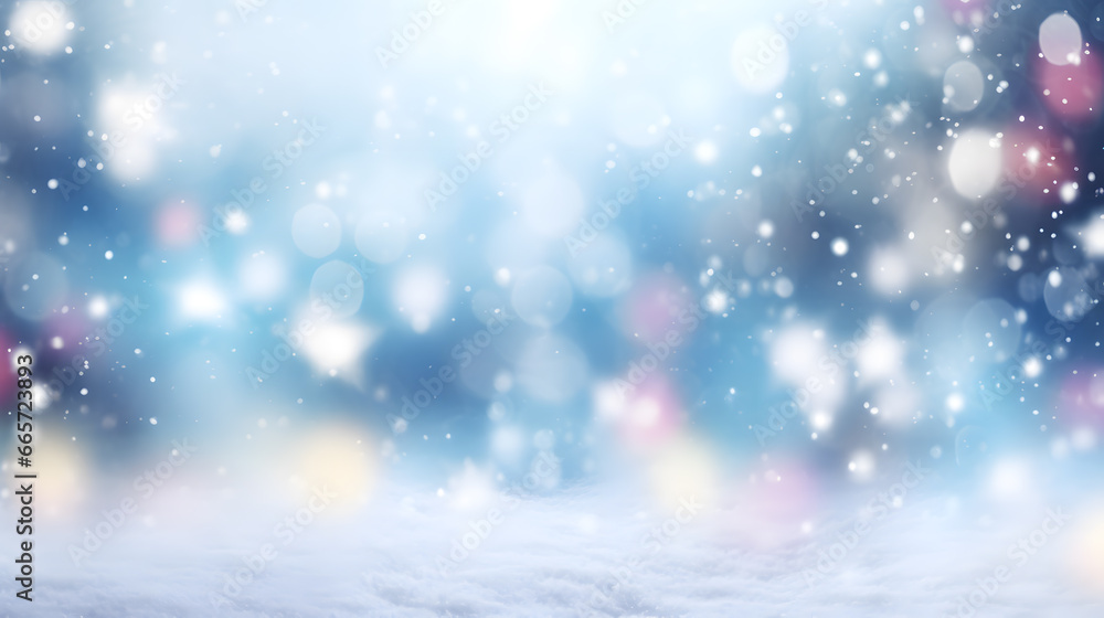 Winter background with snow, bokeh lights and falling snowflakes