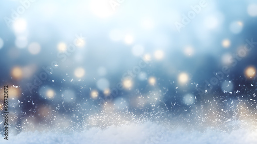 Winter background with snow  bokeh lights and falling snowflakes