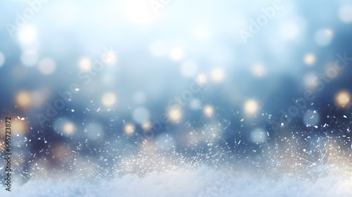 Winter background with snow, bokeh lights and falling snowflakes