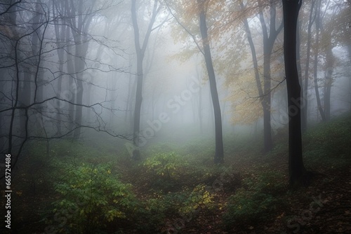 Enchanting woodland veiled in fog. Generative AI