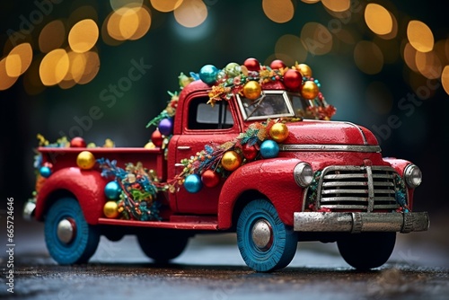 Colorful holiday trucks with festive ornaments. Generative AI © Titania