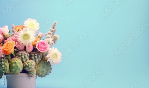 Vibrant bouquet of various flowers and succulents against a serene blue backdrop. © smth.design
