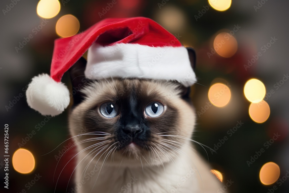 Siamese cat wearing santa hat with christmas tree bokeh background, Cute Xmas pet photos for cat parents, 2023 holiday greeting celebration illustration Siamese cat wearing santa hat with christmas tree bokeh background, Cute Xmas pet photos for cat parents, 2023 holiday greeting celebration illustration