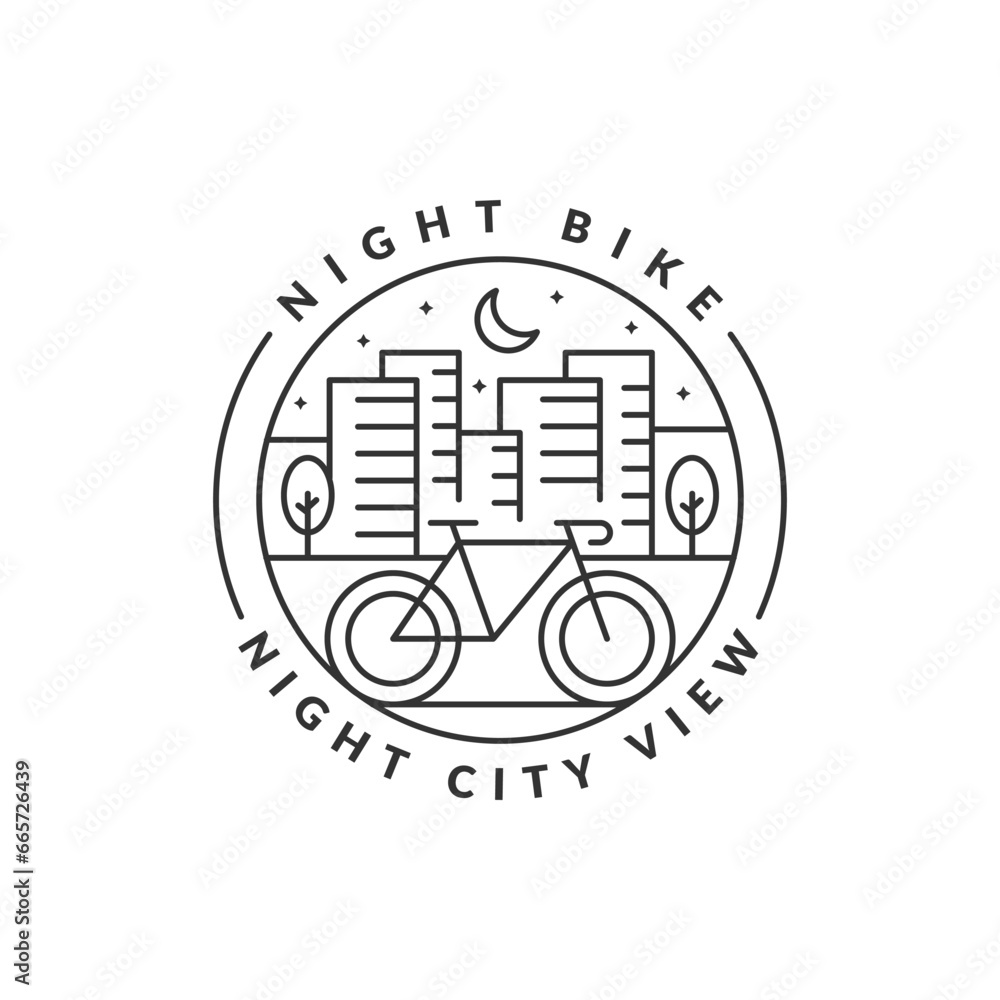 cycling at night in the city badge vector illustration. city and bicycle monoline or line art style. design can be for t-shirts, sticker, printing needs cycling at night in the city badge vector illustration. city and bicycle monoline or line art style. design can be for t-shirts, sticker, printing needs