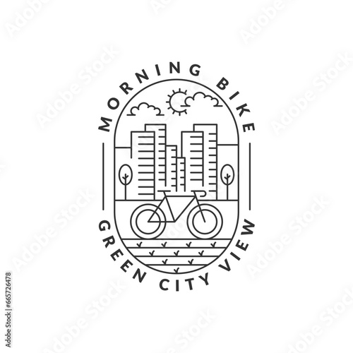 morning cycling in the city badge vector illustration. city and bicycle monoline or line art style. design can be for t-shirts, sticker, printing needs
