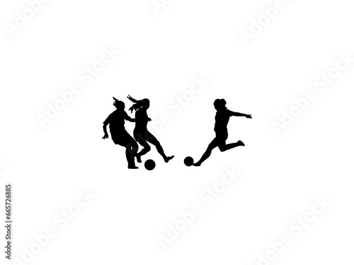 Female football player silhouette. Women soccer silhouette, Female soccer player kicking ball. Set of women soccer players silhouette.