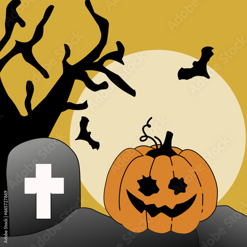 Halloween background design. Happy halloween trick or treat text with cute ghost and pumpkins element for spooky yard party celebration