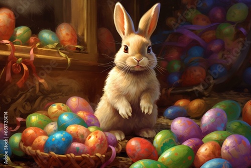 Illustration of a bunny with Easter eggs. Generative AI