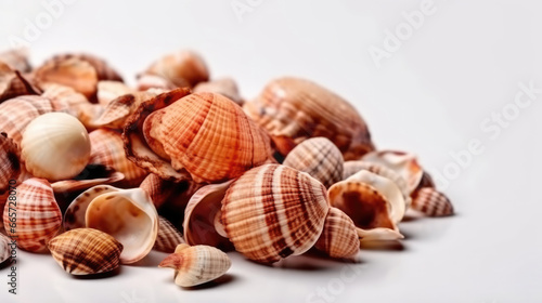 Beautiful sea shells resting gracefully on a pristine white background, a serene touch of the beach