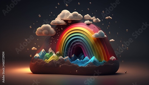 Beautiful mountain and clouds rainbow lamp. Generative AI illustrations