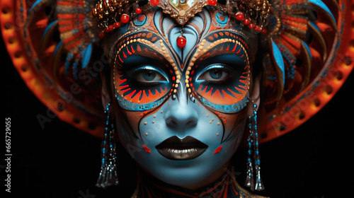 A portrait of a pretty young woman with elaborate facial painting