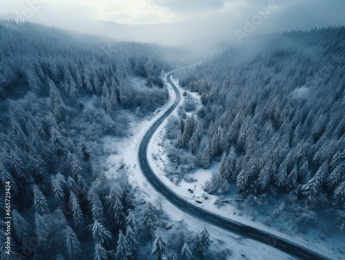 road through a winter forest. view from above. 