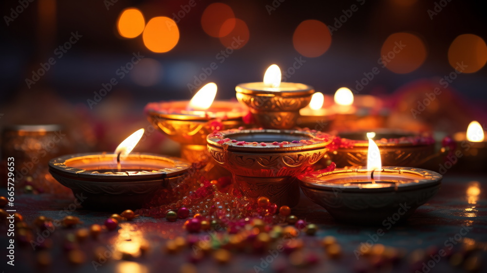 Happy Diwali, oil lamp light, lit on colorful rangoli during diwali