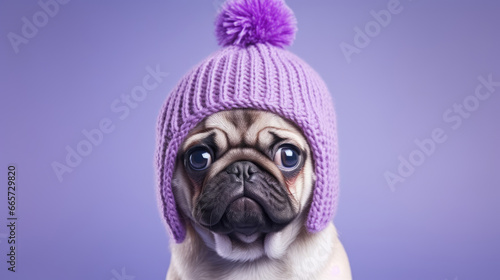 Cute pug wearing a knitted purple hat on purple background © Petrova-Apostolova