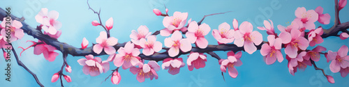 Cherry blossom branches with pink flowers on blue sky background. Spring or summer background